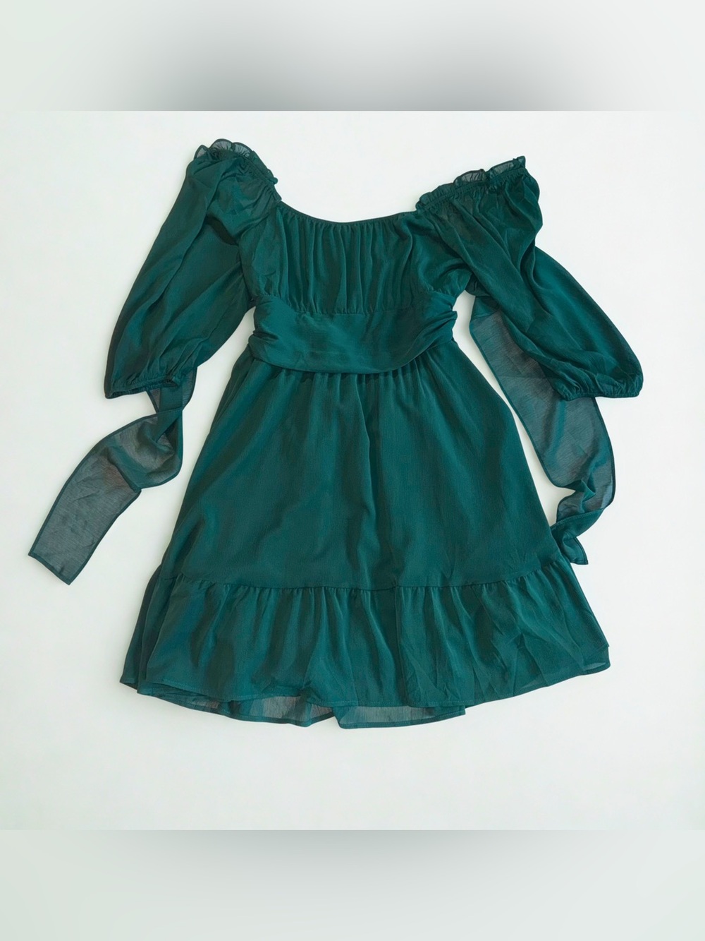 Women’s Emerald Green Puff-Sleeve Dress size L tie back
